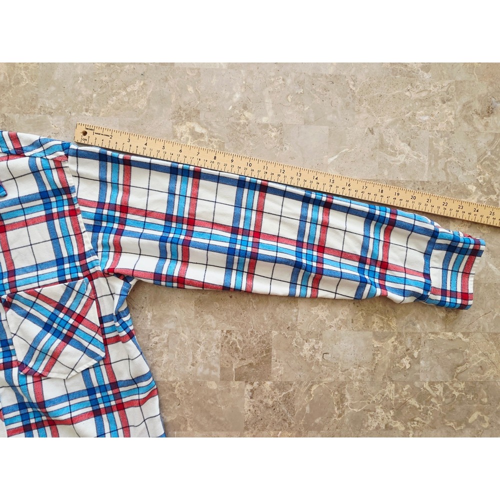 Aviator Nation Mens Plaid Flannel Shirt Red Blue White Frayed Hem Small USA - Picture 9 of 14